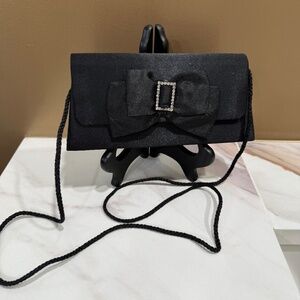 Satin evening bag, bow with rhinestone buckle, black, vintage, long strap